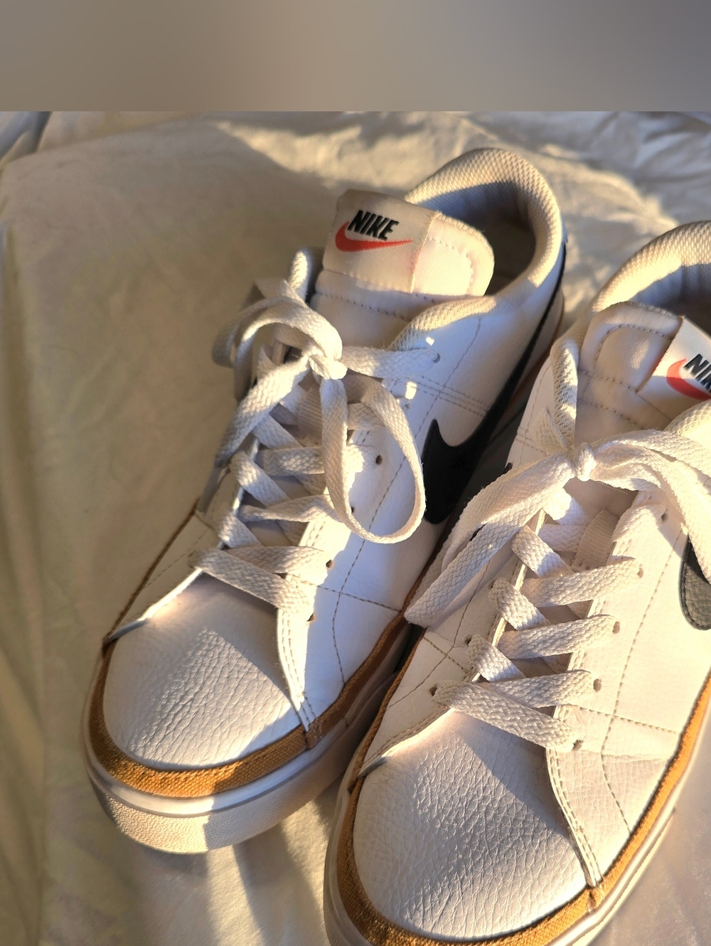 Nike Men’s Court Legacy White Sneakers with Black Swoosh and Tan Accent - Picture 2 of 7